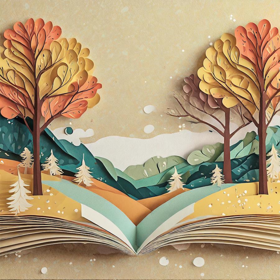 un paysage hivernal coloré surgit des pages d'un livre