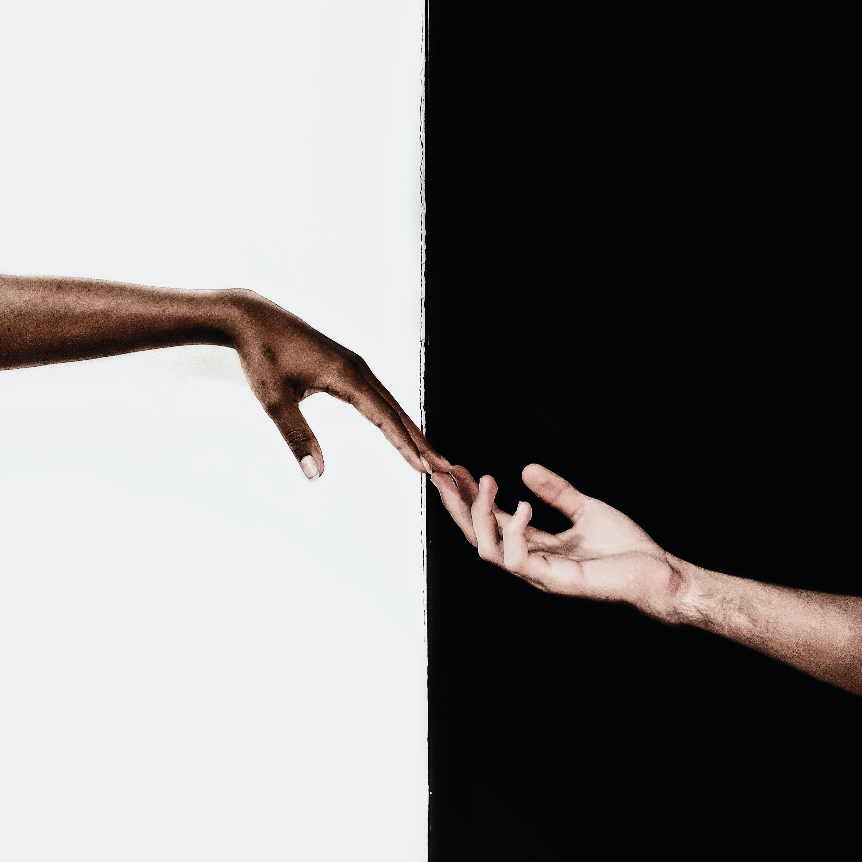 une main féminine rencontre une main masculine sur fond noir et blanc