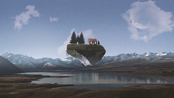 fantasy home floating above a lake against a mountain background